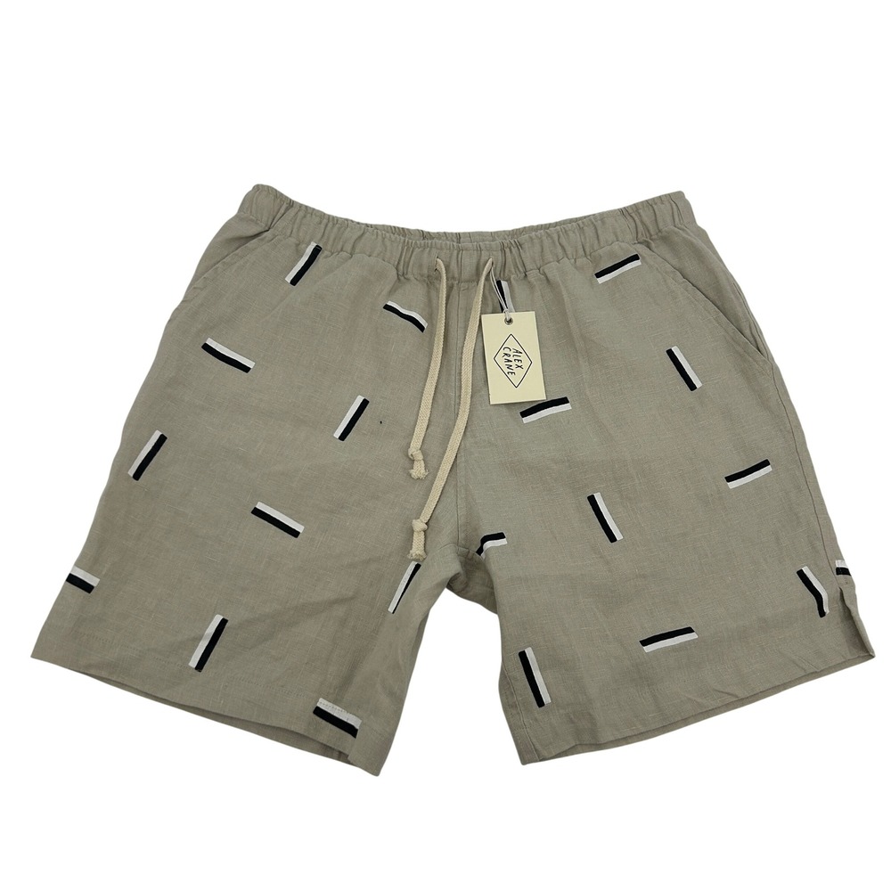 Alex Crane Bo Shorts Mens Medium Tan 100% Linen Geometric Dash Drawstring NEW